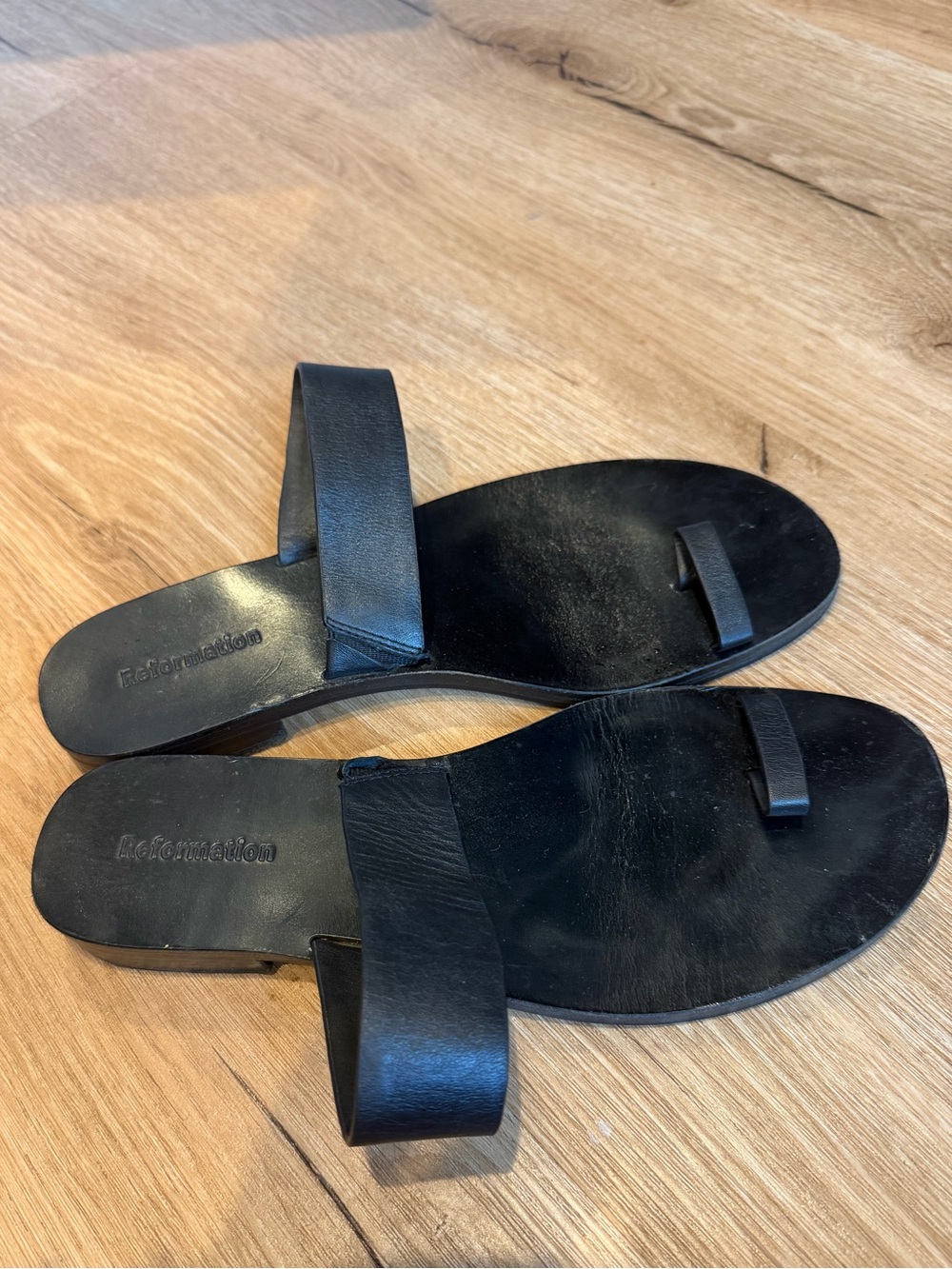 Reformation Black Leather Toe-Loop Slide Sandals